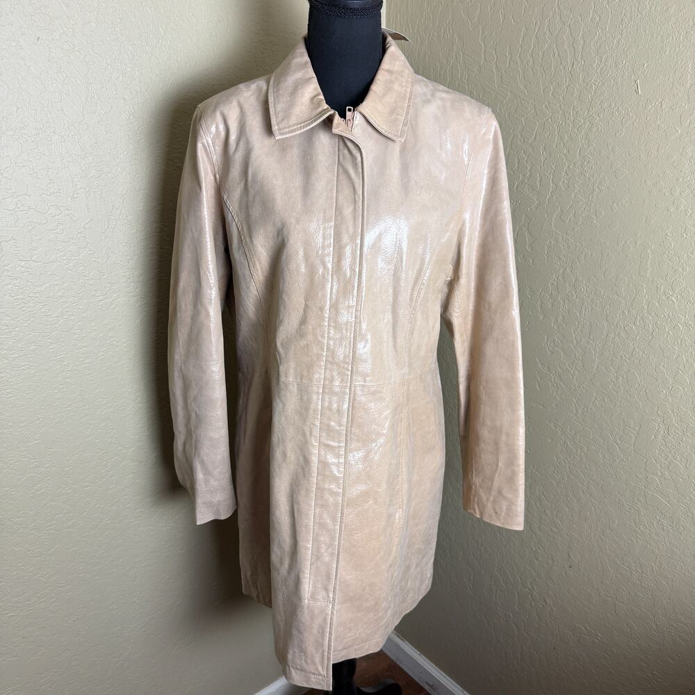 Boutique Europa Womens 16 Beige Genuine Leather Long Jacket Coat Zip Front
